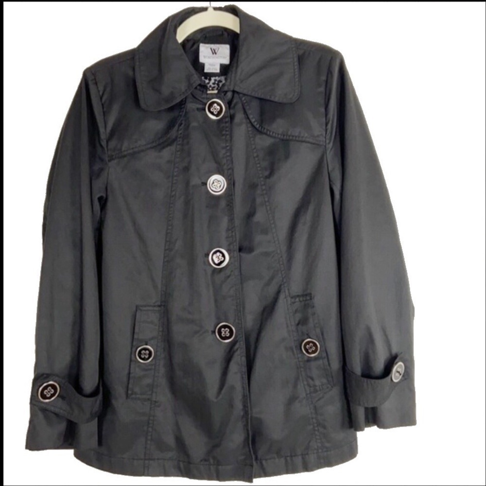 Worthington Black Button Down Water Resistant Floral Lined Spring Jacket